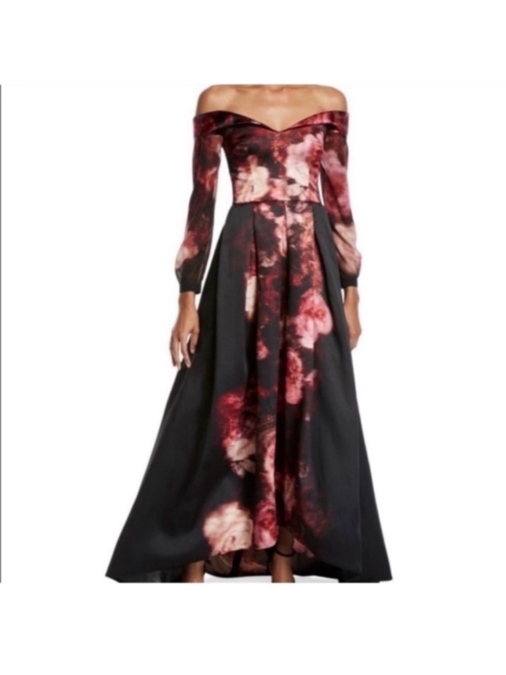 David Meister Black and Red Off-Shoulder Dress